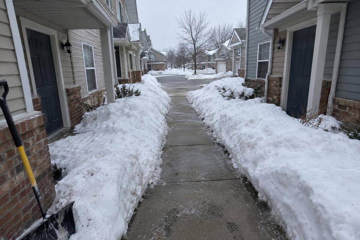 Shared concrete walkway between attached townhouse buildings, cleared at shovel width with snow banked on both sides