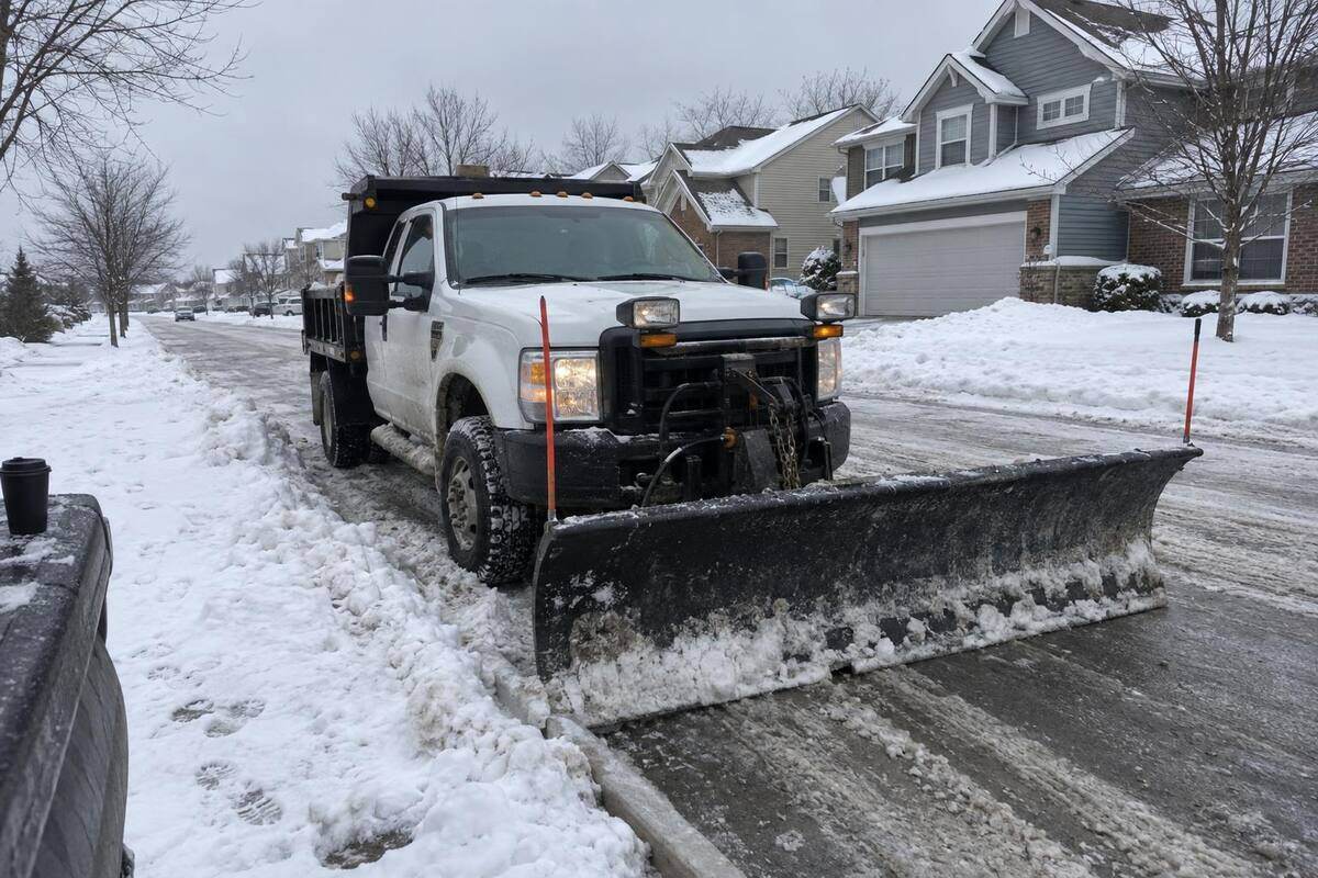 Plow truck parked at a residential curb between passes, blade lowered flat onto the snow-covered pavement